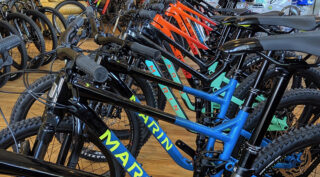 Marin bikes lined up in a bike shop.